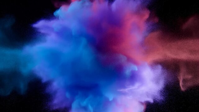 Blue, pink, and purple powder clouds collide and billow across a black background. Motion graphics, music visualizers, and advertising backdrops.