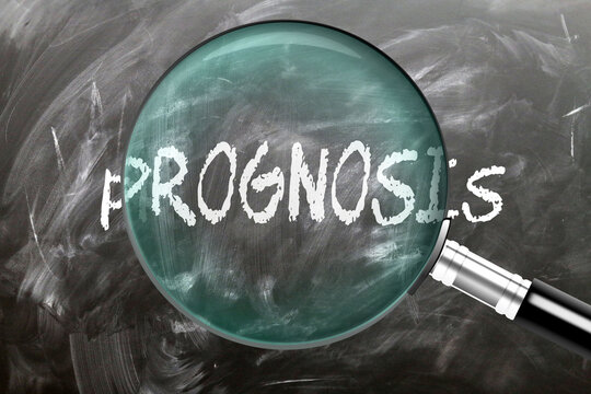 Prognosis - learn, study and inspect it. Taking a closer look at prognosis. A magnifying glass enlarging word 'prognosis' written on a blackboard ,3d illustration
