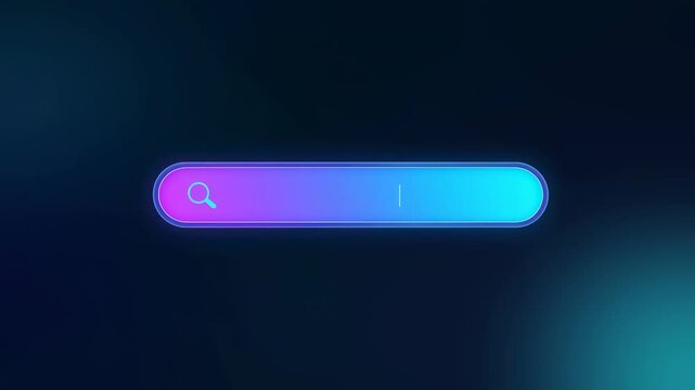 Neon search bar with blinking typing cursor on a dark blue digital interface. Website interface design, software demonstrations, and technology presentations.