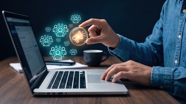 Digital marketing strategy, target audience engagement concept, businessman working on laptop with glowing marketing icons