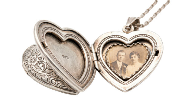 Photo locket, photorealistic open heart-shaped photo locket with polished metal edges, tiny recessed picture compartment and elegant romantic craftsmanship, three-quarter macro view, tack-sharp focus,