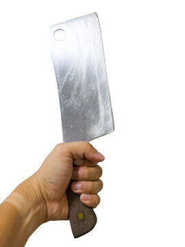 Hand holding stainless steel meat cleaver knife on white background
