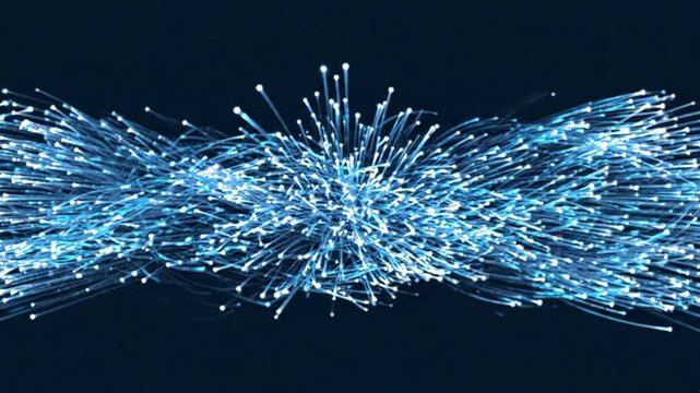 Fiber optic cable network transmitting data signals through digital cyberspace connectivity background