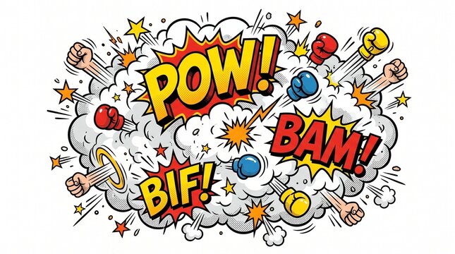 Comic book action explosion with pow bam bif sound effects