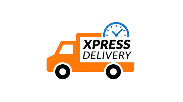 Fast and timely delivery service logo design featuring an orange delivery truck and a blue clock icon with the text Xpress Delivery on a white background for shipping brands.