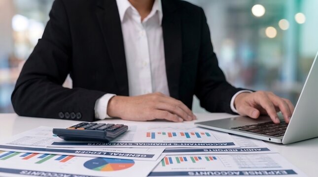 financial statement analysis and accounting review. professional using laptop and calculator to check revenue reports and business charts.

