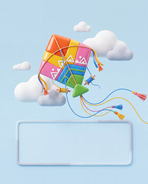 Makar Sankranti greeting card mockup with colorful 3D kite in sky