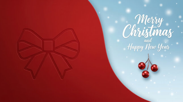 Elegant Christmas design with a embossed red bow and a message on a light blue snowy background.