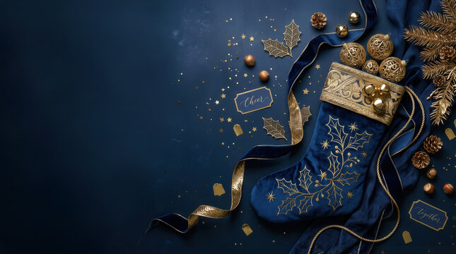 Blue and gold Christmas stocking with holly embroidery on navy blue background