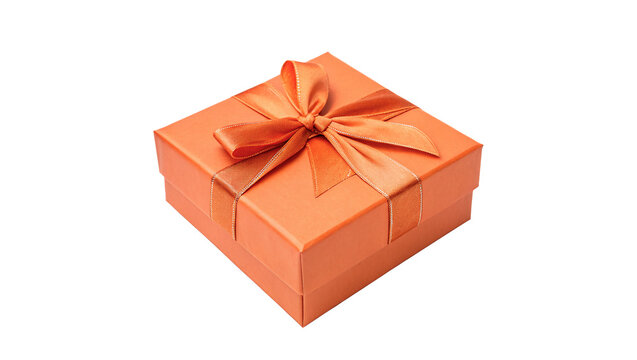 Closed square orange gift box with orange textile ribbon bow isolated on transparent background
