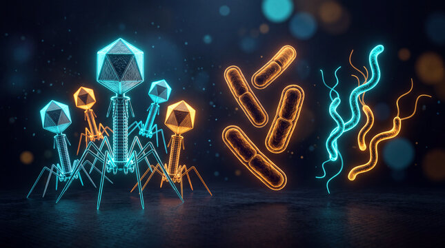 Bacteriophage viruses attacking bacteria cells, phage therapy concept
