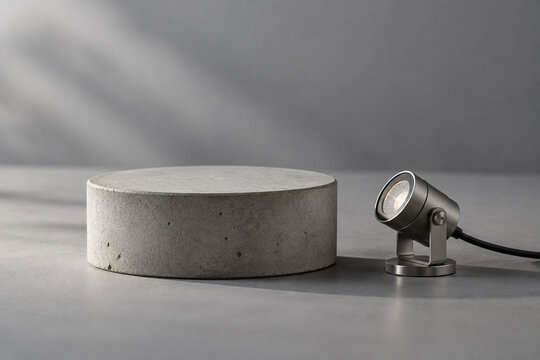 Concrete caisson model and spotlight on grey surface, engineering concept