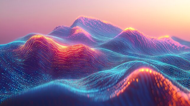 Glowing digital wave forms undulate across a gradient horizon at twilight