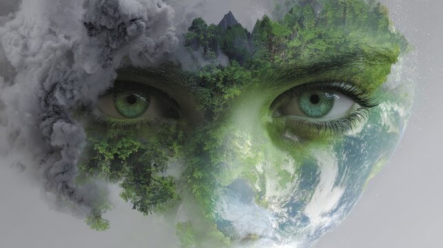 Double exposure of female eyes with lush green forest and earth globe