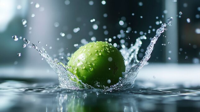 Vibrant green fruit impacts surface creating a dramatic water splash in slow motion