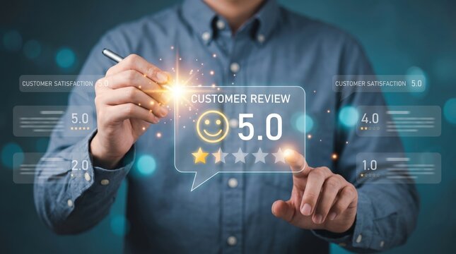Customer service manager analyzing online customer reviews, five-star ratings, feedback metrics, reputation benchmarks, consumer satisfaction scores, and service quality improvement strategies.