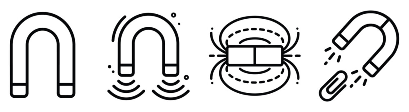 Magnetic force and physics research linear icons for science education and industrial metal attraction.