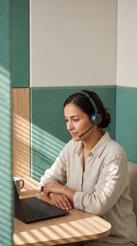 Focused businesswoman wearing headset working on laptop in modern acoustic office booth during video call