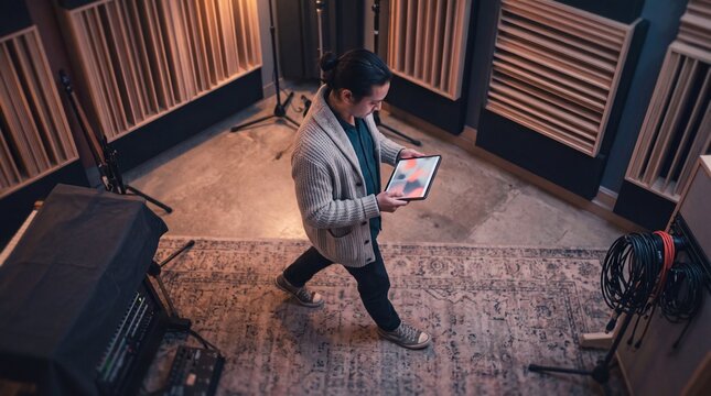 Male music producer walking through a professional recording studio while using a digital tablet