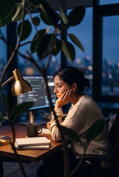 Thoughtful female software engineer working late at night at modern office desk with city skyline view