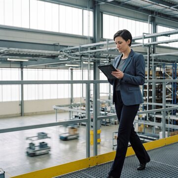 Female engineer or warehouse manager walking on an elevated walkway using a digital tablet inside a modern automated industrial factory