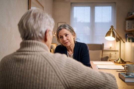 Empathetic mature woman listening attentively during a serious conversation or consultation indoors