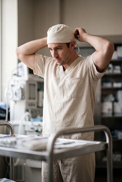 Focused male surgeon tying his protective surgical cap while preparing for an operation in a hospital room