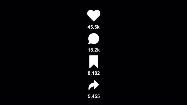 Social media engagement counter animation from 0 to 100k likes, comments and shares on a transparent background