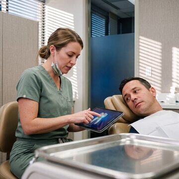 Female dentist showing 3D digital tooth scan on tablet to male patient during dental consultation in modern clinic