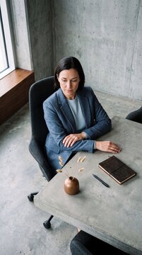 Thoughtful mature businesswoman sitting at a modern concrete table in an industrial style office meeting room