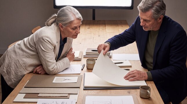 Senior architect and business partner reviewing design plans and sketches on wooden table in studio