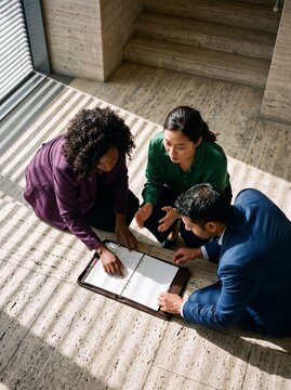 A diverse group of multiracial business professionals crouching on the floor to review documents and brainstorm strategies
