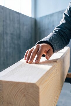 Close-Up of Carpenter Hand Touching and Inspecting Smooth Wooden Beam in Modern Workshop