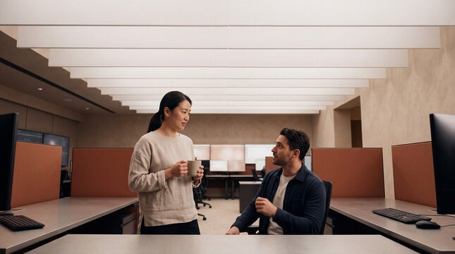 Diverse colleagues talking and enjoying a coffee break in a modern open plan office workspace