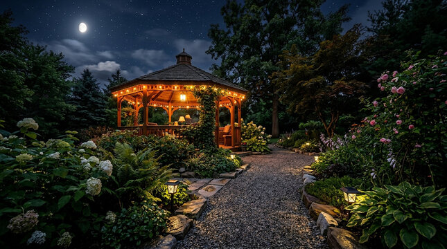 A charming illuminated gazebo stands peacefully in a lush garden under a starry night sky with a full moon