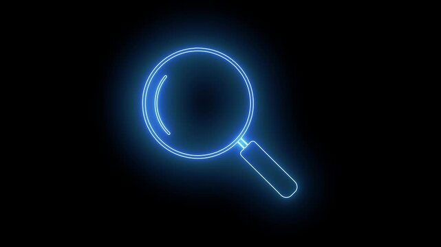 Blue glowing neon magnifying glass icon loop video with cyber HUD effect for search and analysis concept