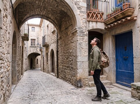 Male traveler with backpack looking up and exploring narrow cobblestone street with stone arches in medieval historic village