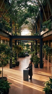 Woman admiring the impressive architecture of a modern biophilic atrium filled with lush plants and natural light
