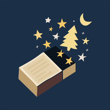 Hand drawn matchbox bursting with stars and christmas tree vector clipart. Flat cottagecore naive illustration of magical match box, moon and sparks for cozy winter holiday greeting card.
