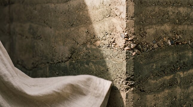 Sunlight illuminates a textured rammed earth wall corner beside soft natural linen fabric in a modern minimalist interior