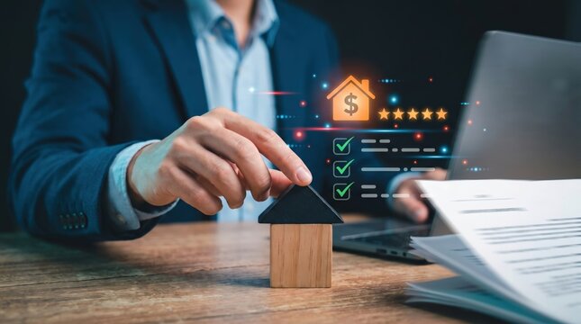 Mortgage advisor evaluates property valuation and risk assessment checklists to approve home loans, guiding confident buyers through financial planning and strategic housing investment.