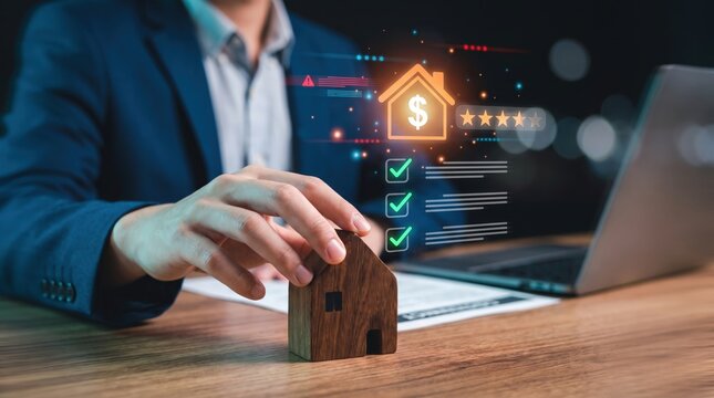 Mortgage advisor evaluates property valuation and risk assessment checklists to approve home loans, guiding confident buyers through financial planning and strategic housing investment.