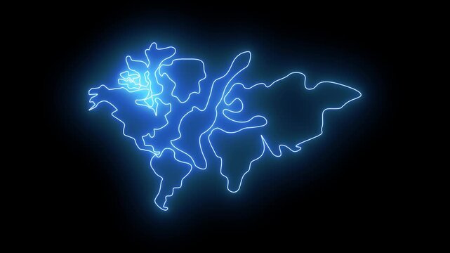 Blue glowing neon world map icon loop video with cyber HUD effect for global network concept