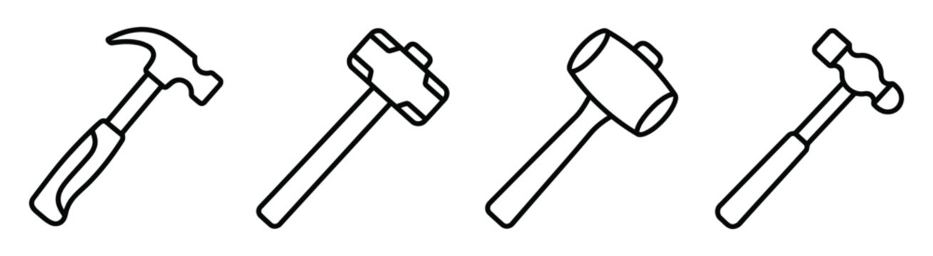 Collection of linear hammer tool icons for construction repair and manual labor maintenance projects.