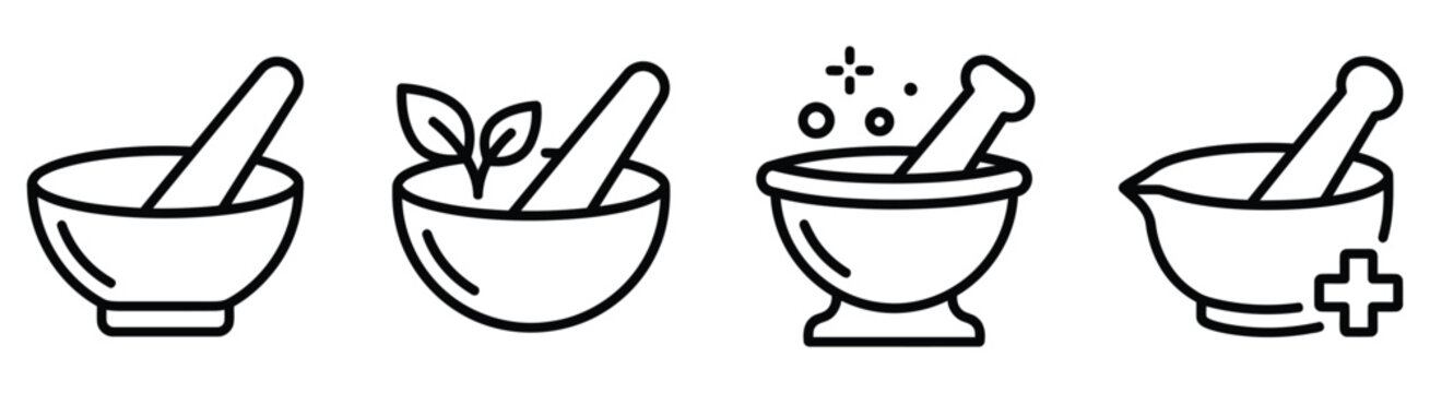 Mortar and pestle collection featuring herbal medicine bowls with leaves and pharmaceutical mixing.