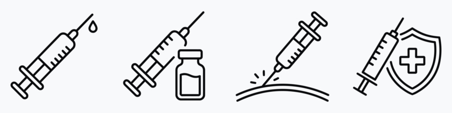 Vaccine syringe icons collection with medical vials and protection shields for healthcare campaigns.