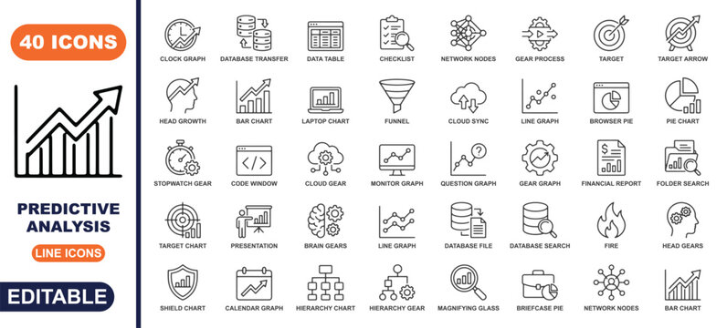 Predictive analytics icon set. Includes forecast, model, algorithm, trends, data, insights, pattern, analytics, future, probability and more. Outline icon set. Vector illustration with editable stroke