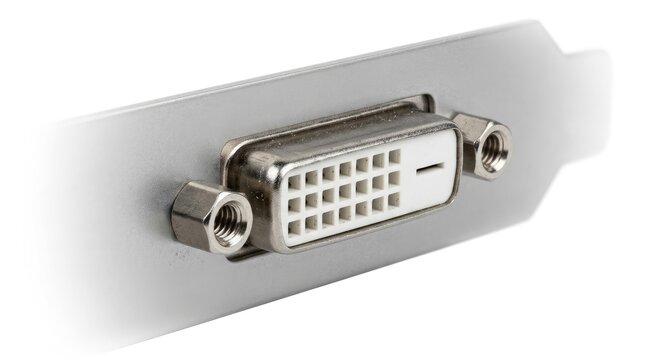 Close-up view of a dvi-i port mounted on a silver computer graphics card bracket