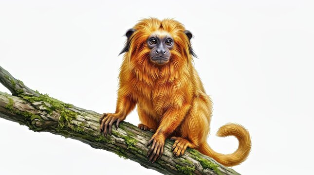 Golden Lion Tamarin Perched on Mossy Branch White Background