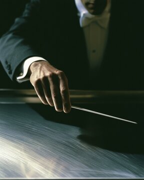 1940s bandleader dropping baton onto polished music stand surface with ambient